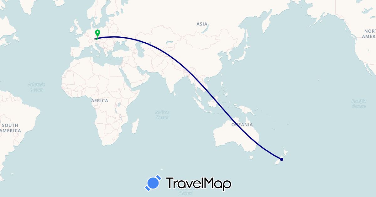 TravelMap itinerary: driving, bus, plane in Austria, Czech Republic, Germany, New Zealand (Europe, Oceania)